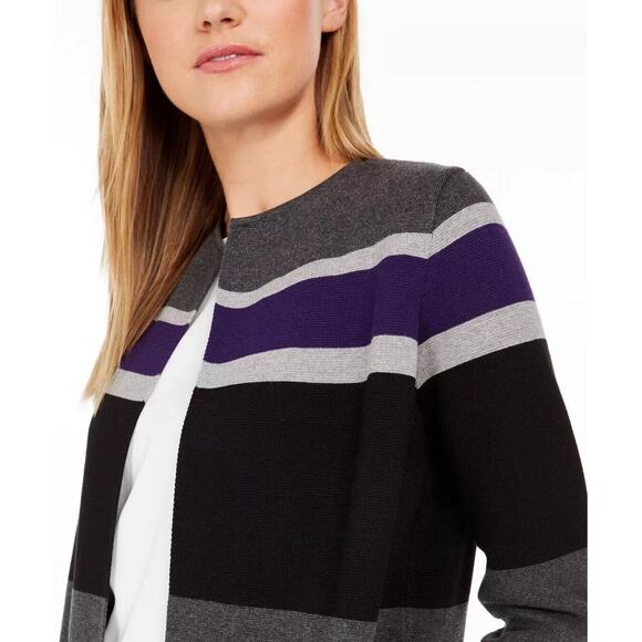 Calvin Klein Open Front Long Cardigan 2X Gray Purple Black Color Block Stripes - Picture 11 of 11